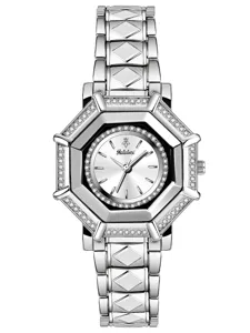 Detailed close-up of a luxurious silver women watch featuring an elegant octagonal diamond bezel.