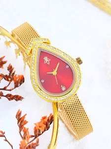 Elegante luxus goldene Tropfen Damen Quarzuhr mit rotem Zifferblatt und Netzarmband