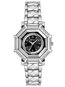 Luxury silver women wristwatch with octagonal rhinestone bezel and black dial for daily wear.