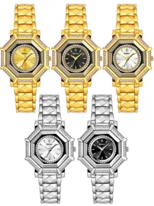 Luxury rhinestone octagonal women watch with metal strap, stylish quartz wristwatch variants.