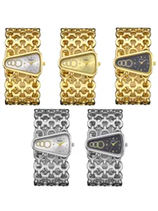 Gedetailleerd overzicht van dames horloge met driehoekige wijzerplaat en metalen band.