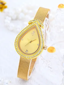 Goldene tropfenförmige Strass Damen Quarzuhr mit Mesh Armband und edlem Bienen Zifferblatt.