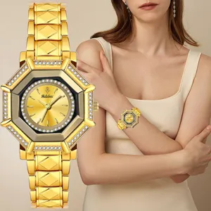 Luxury Women's Quartz Watch Octagon Rhinestone Bezel Metal Chain Strap Fashion Wristwatch