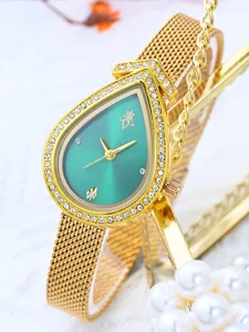 Elegante tropfenförmige Strass Damen Quarzuhr grünes Zifferblatt Gold Mesh Armband Luxus Uhr.