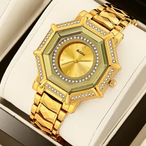 Luxury gold diamond octagonal women watch with metal strap elegant fashion wristwatch
