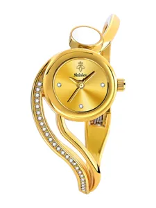 Elegant gold bangle women watch with sparkling rhinestones and unique curved strap design.
