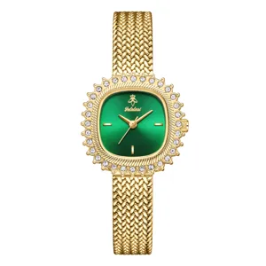 Reloj de cuarzo dorado para mujer esfera verde bisel con circonitas malla estilo vintage