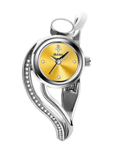 Elegant women's bangle watch featuring a striking yellow sunburst dial and sparkling rhinestone bracelet.