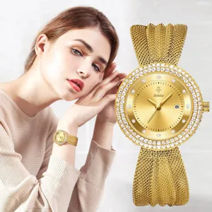 Vintage Light Luxury Alloy Stainless Steel Women Quartz Watch Rhinestone Dial Calendar Waterproof Dress Wristwatch