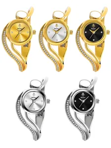 Elegant women's quartz bracelet watch with unique curved rhinestone cuff design.