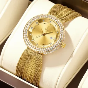 Women luxury gold quartz watch with diamond bezel and multi strand mesh strap elegant timepiece.