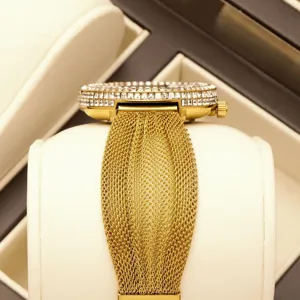Elegant gold rhinestone women watch with mesh metal band luxury design main product view