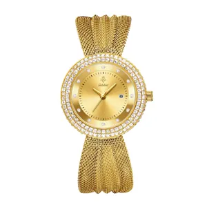 Luxury gold women wristwatch with diamond bezel and unique mesh strap for daily wear