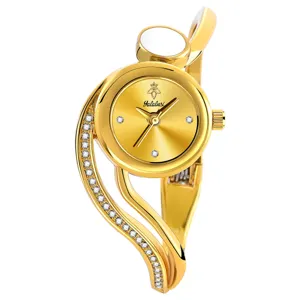 Gold bracelet watch for women, stylish curved design with sparkling rhinestones.