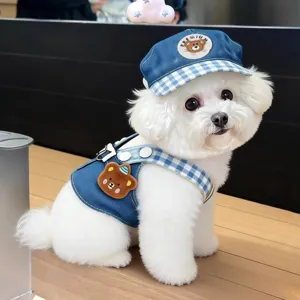 Conjunto de arnés y correa para perro de mezclilla lindo con sombrero de sol, ropa de cachorro.
