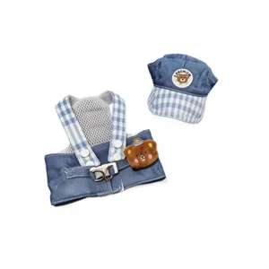 Bonito arnés de mezclilla para mascotas con gorra a juego, malla transpirable y parche de oso.