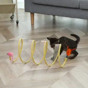 Collapsible Cat Tunnel Toy Mesh Spring Cat Tube With Feather And Bell Interactive Play Toy For Kittens Pet Supplies