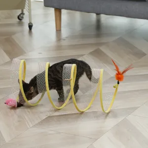 Foldable mesh cat tunnel toy with feather and mouse, interactive pet play for kittens.
