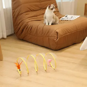 Yellow mesh cat tunnel toy with feather and mouse, interactive pet play tube for kittens.