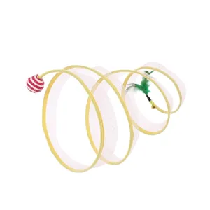 Foldable spring cat tunnel toy with feather, bell and ball, ideal for kittens playing.