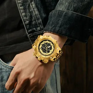 Luxurious gold chronograph men's watch featuring a bold dial design and durable metal strap.