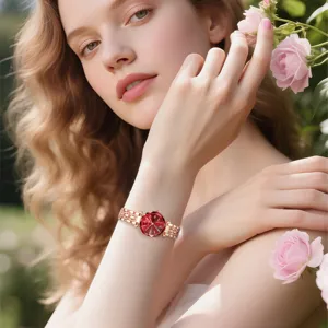 Orologio donna quarzo oro rosa Yalalusi quadrante rosso, elegante orologio da polso.
