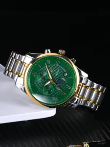 Grünes Zifferblatt Luxus Herrenuhr mit goldener Lünette und zweifarbigem Edelstahlarmband.
