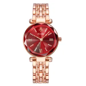 Orologio donna quarzo Yalalusi oro rosa con quadrante cristallo rosso sfaccettato metallo.