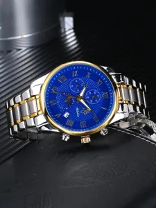 Herren Luxus Business Uhren Detail, blaues Zifferblatt mit romischen Ziffern und Chronograph.