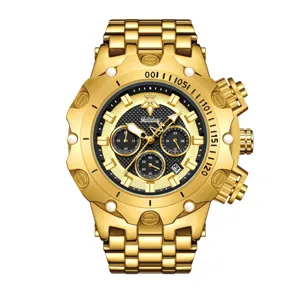 Luxury gold men's watch with chronograph sub-dials, stainless steel bracelet and date display.