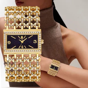 Damen Luxus Gold Strass Kette Quarzuhr Quadratisch Sternenhimmel Zifferblatt Mode Armbanduhr Elegantes Geschenk Für Damen