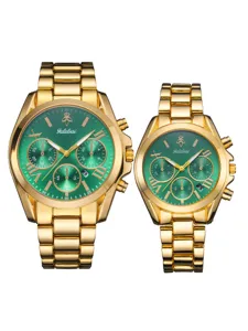 Ensemble montre couple doree cadran vert chronographe montre-bracelet en acier
