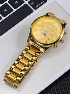 Luxus goldene Herren Chronograph Uhr mit roemischen Ziffern Quarz Kalender Business