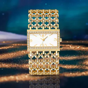 Luxus goldene Strass Quarz Damenuhr mit elegantem Kettenarmband und glänzendem Zifferblatt.