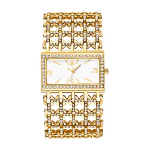 Luxus goldene Strass Damenuhr mit rechteckigem Zifferblatt und Schleife Armband Quarzuhr