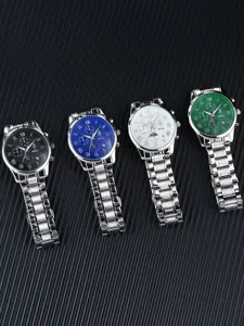 Detailansicht von vier stilvollen Quarz-Herrenuhren mit Metallarmbändern und bunten Zifferblättern.