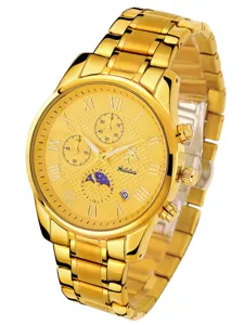 Detailansicht der Luxus Gold Herrenuhr mit Römischen Ziffern und Chronographen Zifferblättern.