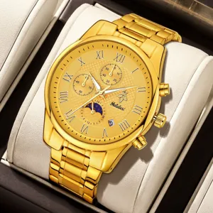 Luxus Herrenuhr in Gold mit römischen Ziffern, Multifunktions-Zifferblättern und Metallarmband.