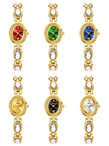 Detailed view of women luxury crystal watch with oval dial and gold-tone elegant bracelet.