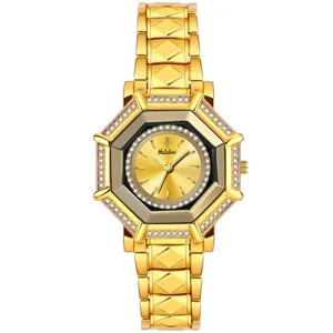 Luxury gold diamond octagonal women watch with sparkling rhinestones and metal bracelet.