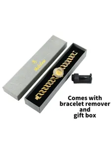 Gold chain rhinestone ladies quartz watch set comes with a luxury gift box and remover.