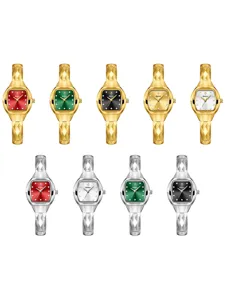 Women's tonneau quartz watch with geometric faceted metal strap, elegant retro daily wear.