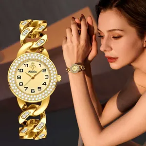 Women Luxury Rhinestone Full Diamond Bezel Quartz Watch Fashion Gold Silver Chain Strap Waterproof Wristwatch