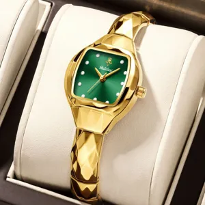 Yalalusi luxury green dial gold tone women watch with faceted strap elegant vintage timepiece.