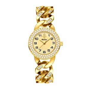Gold Women Rhinestone Curb Chain Quartz Watch Luxury Designer Casual Wristwatch.