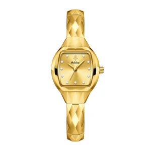 Luxury gold tonneau women watch with vintage small dial and elegant faceted bracelet.