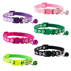Pet Collar Nylon Webbing Cute Paw Print Puppy Cat Collar With Bell Safety Quick Release Buckle Pet Accessories