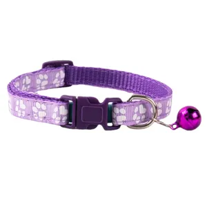 Purple pet cat dog collar with white paw prints, safety buckle, D-ring and a cute bell.