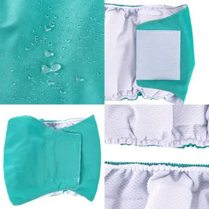 Waterproof washable dog physiological pants with adjustable velcro and breathable mesh lining.