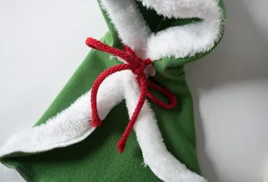 Close-up detail of green pet Christmas cape with white plush trim and red bow tie.